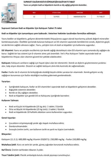 Calcium Kedi ve Köpekler Için Kalsiyum Vitamin Tablet 75 fiyatları