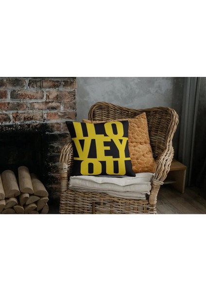 Sarı I Love You Yazılı Baskılı 42X42CM Pamuk Dokuma Kırlent Yastık Kılıfı