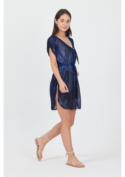Bysen Derin Mavi Belden Lastikli Plaj Elbisesi modelleri