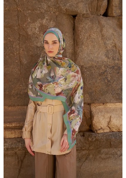 Yeşil Ed Scarf Sunrise Çiçek Desen Şal