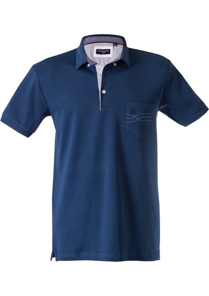 Polokoton % 100 Pamuk Polo Yaka Nakışlı Erkek T-Shirt – Indigo, Cepli, Kısa Kollu Yazlık Model