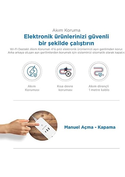 Wi-Fi Destekli 16A 4'lü Çocuk Kilitli Akım Korumalı Çoklu Priz - Neutronlife Uygulaması Üzerinden Kontrol - Zamanlayıcı Fonksiyon - USB Type-C Girişleri - 4'lü Priz