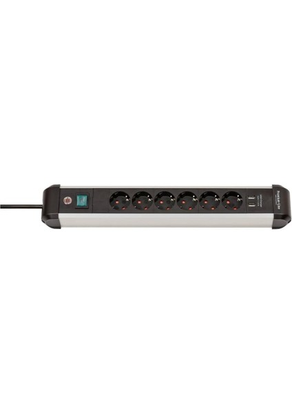 Premium-Alu-Line Çoklu Priz, Usb/çoklu Priz, 6 Bölmeli, Yüksek Kaliteli Alüminyum (3 M Kablolu ve Şalterli Priz, 2 Bölmeli USB 3,1 A, Almanya'da Üretilmiştir)