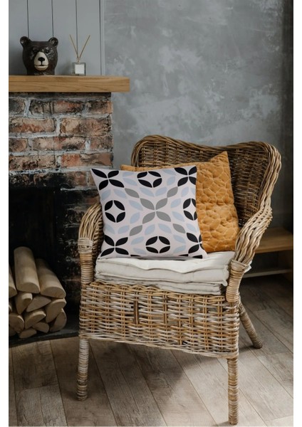 Krem Dekoratif Desenli Baskılı 42X42CM Pamuk Dokuma Kırlent Yastık Kılıfı