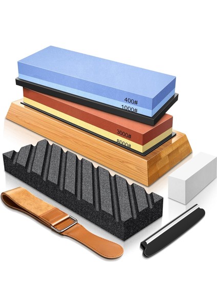 7 Parça Profesyonel Bıçak Bileme Seti 4 Taraflı Biley Taşı 400 1000 3000 8000 Sulu Bileme