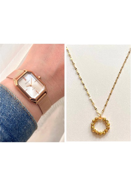 Dikdörtgen Kasa Hasır Kordon Kadın Kol Saati+Çelik Kolye Hediye Seti fiyatları