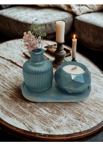 Crafts Tasarım 3'lü Dekoratif Taş Tozu Mum ve Vazo Seti Yağmur Ormanları