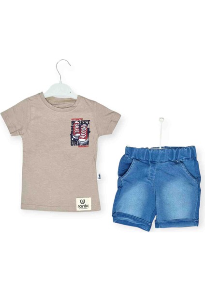 Erkek Çocuk Sneaker Baskılı 2’li Şortlu Yazlık Takım – Kum Beji ve Buz Mavi Renk Seçenekli fiyatları