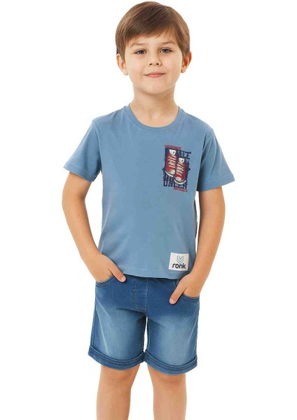 Erkek Çocuk Sneaker Baskılı 2’li Şortlu Yazlık Takım – Kum Beji ve Buz Mavi Renk Seçenekli