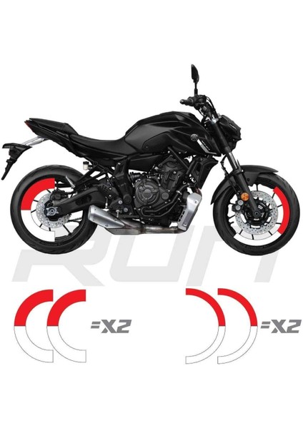 MT07-600RR-R1 Ön 120 Arka 180 Ebat Uyumlu Yarım Jant Şeridi Çift Renk Kırmızı Beyaz Toplam 4 Adet