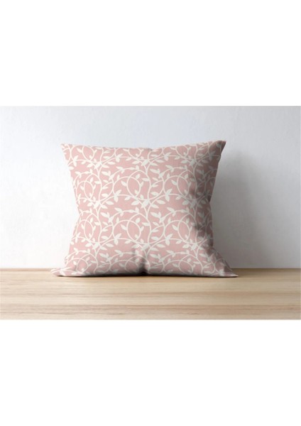 Pembe Zemin Üzerine Krem Dal Baskılı 42X42CM Pamuk Dokuma Kırlent Yastık Kılıfı