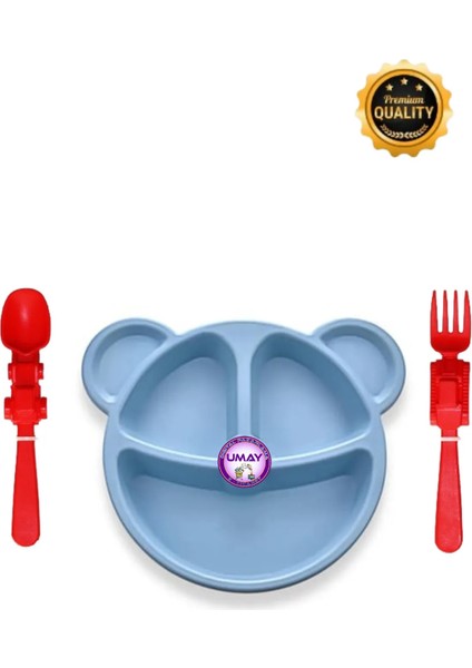 Ayıcık Şekilli Mama & Yemek Tabağı, (3 Bölmeli) + Araç Figürlü Plastik Çatal Kaşık Seti modelleri