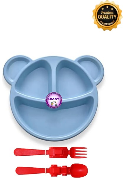 Ayıcık Şekilli Mama & Yemek Tabağı, (3 Bölmeli) + Araç Figürlü Plastik Çatal Kaşık Seti indirimleri