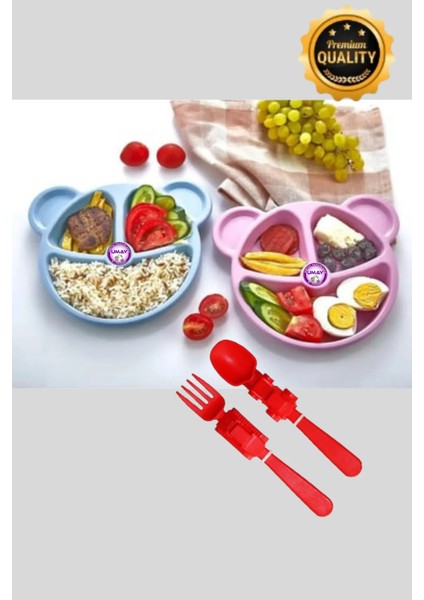 Ayıcık Şekilli Mama & Yemek Tabağı, (3 Bölmeli) + Araç Figürlü Plastik Çatal Kaşık Seti fiyatları