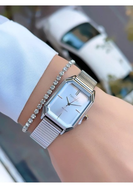Dikdörtgen Kasa Hasır Çelik Kordon Kadın Kol Saati+Bileklik Hediye