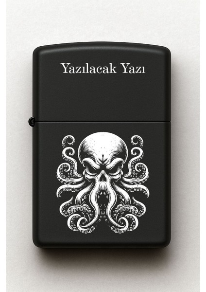Ahtapot Desenli Kişiye Özel Isimli Siyah Benzinli Metal Çakmak