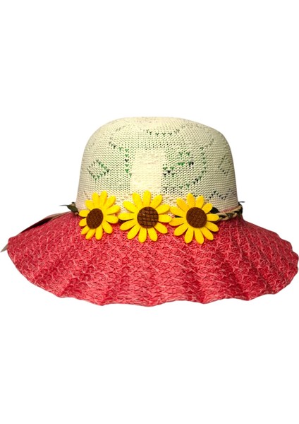 Spteks Kitti 6-12 Yaş Kız Çocuk Fuşya Renk Papatya Çiçek Figürlü Merserize Yazlık Şapka