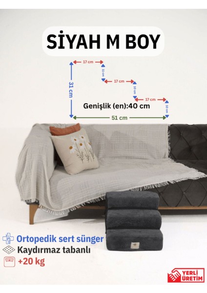 Kedi ve Köpek Merdiveni Ortopedik Yumuşak Basamaklı Fermuarlı 31CM x 40CM x 51CM M Boy