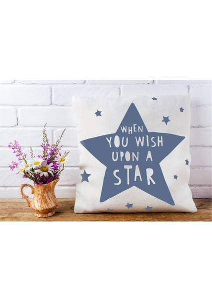 Krem Zemin Üzerine Star Baskılı 42X42CM Pamuk Dokuma Kırlent Yastık Kılıfı