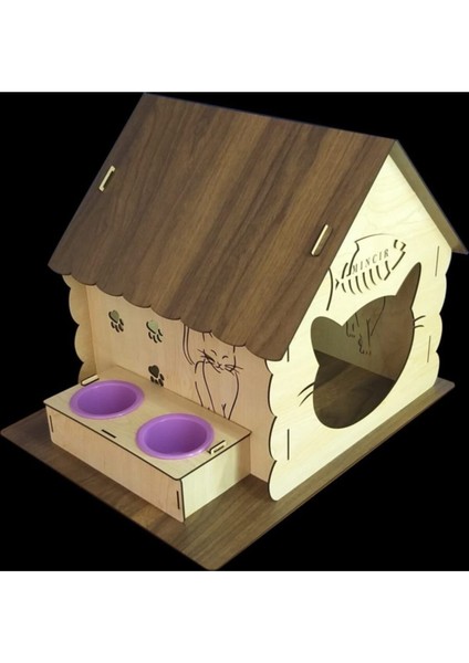 Ahşap Kedi Evi Yatağı Kulübesi Yuvası ve Mama Su Kabı Evcil Hayvan Kedi Köpek Evi Yuvası