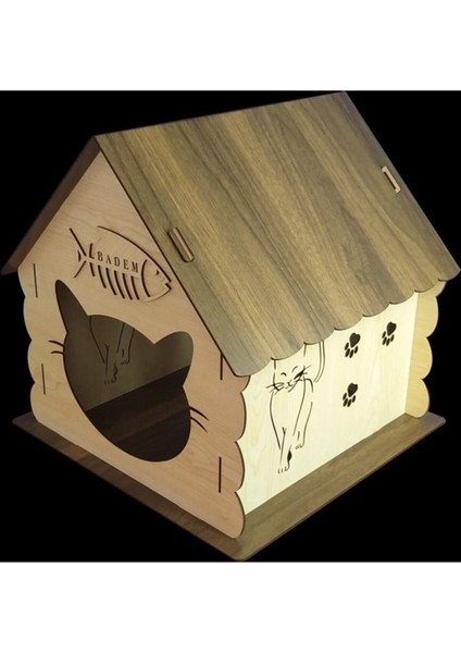 Ahşap Kedi Evi Yatağı Kulübesi Yuvası ve Mama Su Kabı Evcil Hayvan Kedi Köpek Evi Yuvası