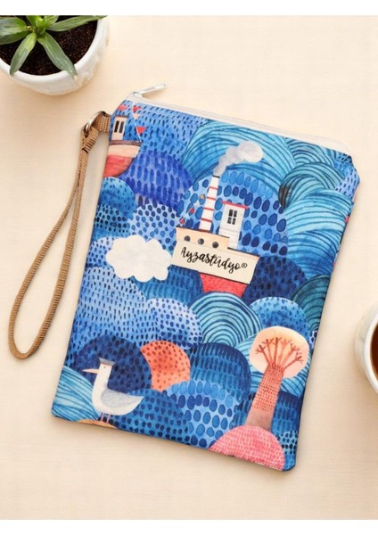 Okyanusta Gemiler Desenli Portföy Clutch Çantası - Kozmetik Çanta - Çok Amaçlı çanta (23X16 Cm)