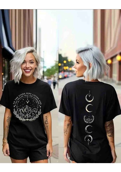 Dağ ve Yıldızlar Baskılı Özel Tasarım Oversize Tshirt