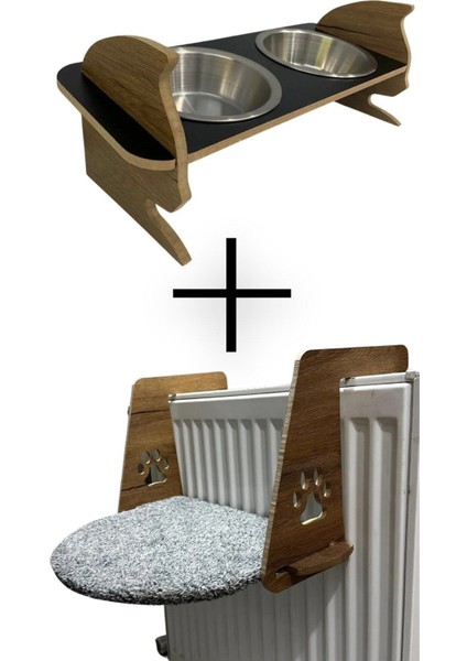 Kalorifer Kedi Yatağı ve Ahşap Ikili Çelik Taslı Kedi Mama ve Su Kabı 2'li Set
