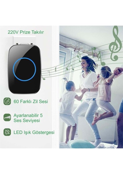 2 Buton 1 Alıcı Kablosuz Kapı Zili Ledli Modern 300METRE Menzil 60 Çeşit Zil 5 Seviye Ses modelleri