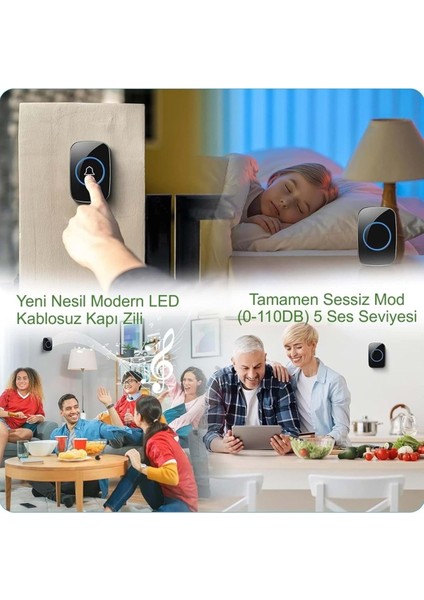2 Buton 1 Alıcı Kablosuz Kapı Zili Ledli Modern 300METRE Menzil 60 Çeşit Zil 5 Seviye Ses indirimleri
