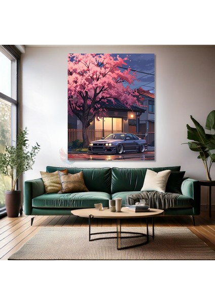 Araba ve Sakura Ağacı Kanvas Manzara Tablosu Kanvas Araba Tablosu