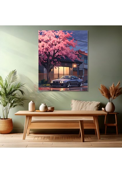 Araba ve Sakura Ağacı Kanvas Manzara Tablosu Kanvas Araba Tablosu fiyatları