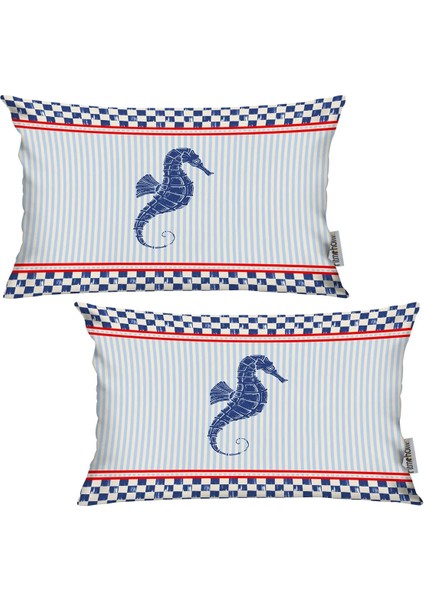 Marin, Deniz. Yaz, Iskandinav, Bohem, Modern Çift Tarafı Baskılı 2'li Kırlent Kılıfı Krem, Mavi