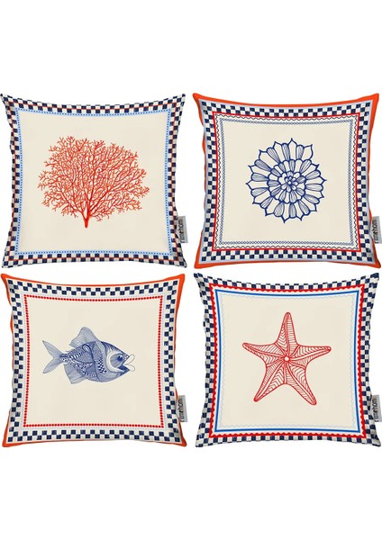 Marin, Deniz. Yaz, Iskandinav, Bohem, Modern Çift Tarafı Baskılı 4'lü Kırlent Kılıfı Krem, Mavi