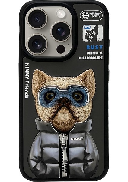 iPhone 15 Pro Uyumlu 3D Gözlük Fermuar Köpek Detaylı Nakış İşlemeli Kabartmalı Cool Cute Kılıf