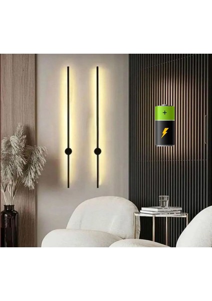 Şık Siyah Pilli LED Duvar Aplikası, Açık-Kapalı Düğmeli, 70 cm, Alüminyum, E27 Duy