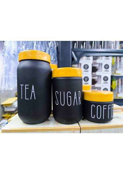 3'lü Cam Kavanoz Seti Çay Şeker Kahve Saklama Kabı Ahşap Görünümlü Plastik Kapaklı