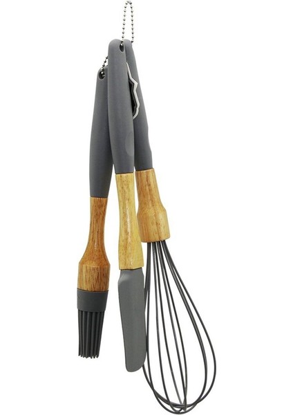 3'lü Silikon Çırpıcı, Fırça, Spatula Seti, Ahşap Bambu Sap, Kılıf, Renkli