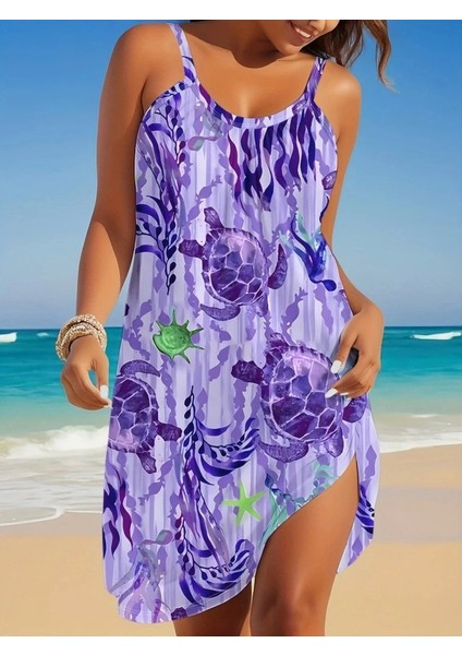 Kadın Askılı Yuvarlak Yaka Kaplumbağa Desenli Süprem Elbise