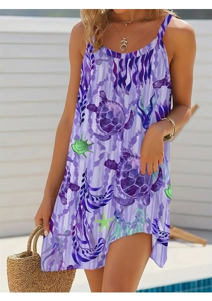 Kadın Askılı Yuvarlak Yaka Kaplumbağa Desenli Süprem Elbise modelleri