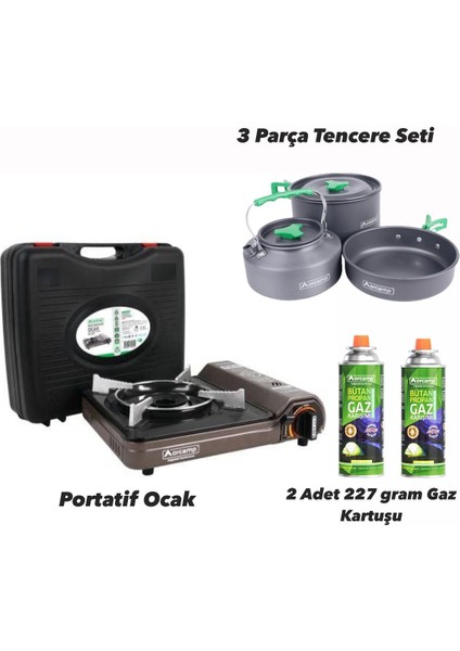 Tekli Portatif Ocak Gaz Stop Emniyetli Gri + Orcamp Alüminyum Tencere Seti 3 Parça + 2 Adet 227 Gram Gaz Kartuşu