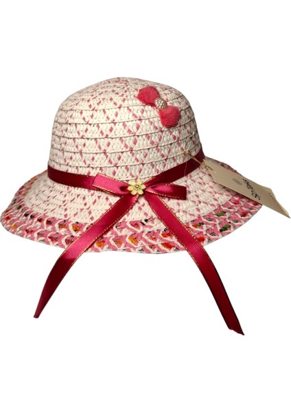 2-6 Yaş Kız Çocuk Pembe Renk Fiyonk ve Çiçek Figürlü Merserize Yazlık Şapka