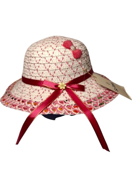2-6 Yaş Kız Çocuk Pembe Renk Fiyonk ve Çiçek Figürlü Merserize Yazlık Şapka modelleri