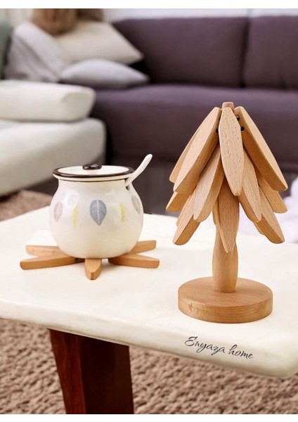 4'lü Standlı Ahşap Nihale - Bambu Nihale - Pratik Katlanır Nihale - Bambu Bardak Altlığı