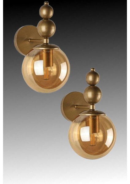 Altın renkli 2'li bal camlı metal duvar aplik, E27 duy, pilli olmayan şık tasarım