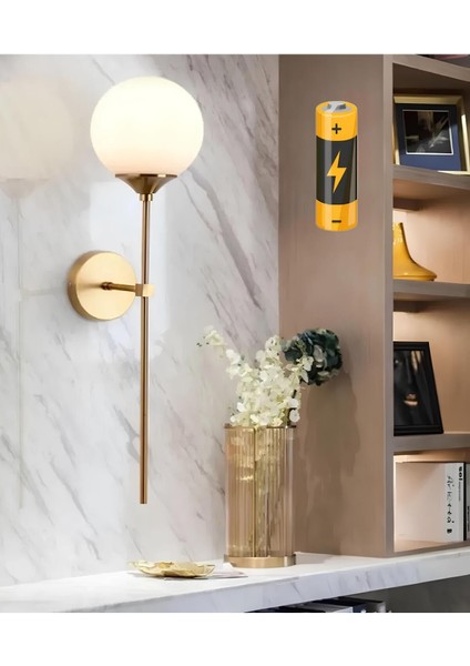 Modern Aç Kapa Pilli Metal Aplik, Beyaz Opak ve Cam Detaylı, Gold Dokunuşu, G9 Duy Tipi