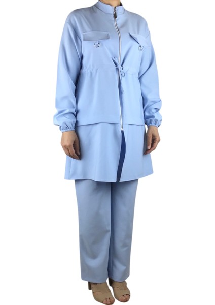 Kadın Tunik Önü Fermuarlı Ipli Kolu Lastikli Pantolon Beli Lastikli Takım