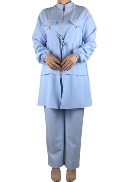 Kadın Tunik Önü Fermuarlı Ipli Kolu Lastikli Pantolon Beli Lastikli Takım modelleri