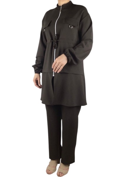 Kadın Tunik Önü Fermuarlı Ipli Kolu Lastikli Pantolon Beli Lastikli Takım