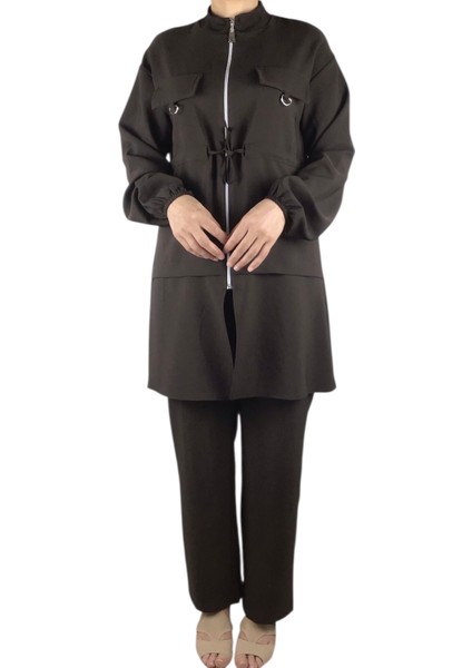 Kadın Tunik Önü Fermuarlı Ipli Kolu Lastikli Pantolon Beli Lastikli Takım modelleri